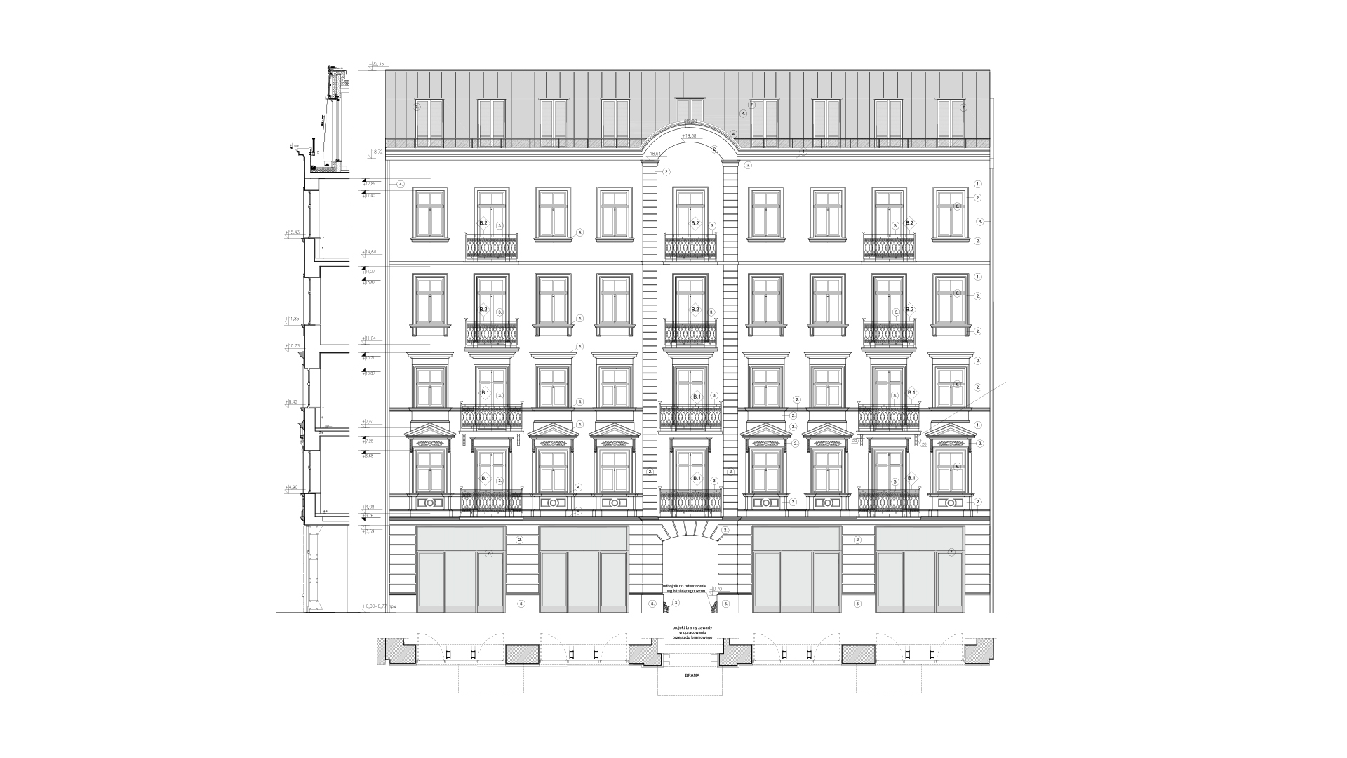 Drawing facade elewacja fasada rysunek architektoniczny kamienica targowa 21